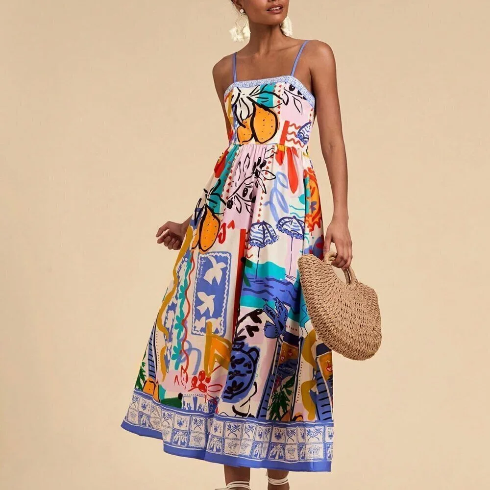 Multicolor Boho Women's Vacation Woven Printed Spaghetti Strap Dress - Picture 5 of 6